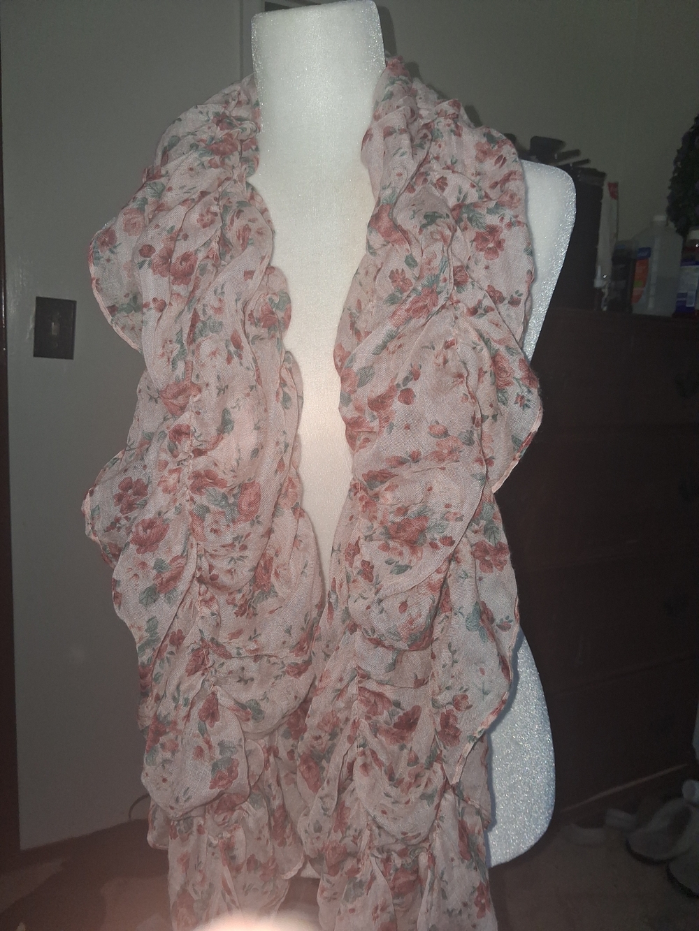 No Boundaries Rose Print Ruffle Scarf in Blush and Green